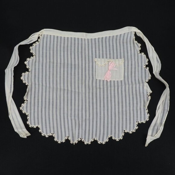 Handmade Half Apron Vertical Stripe Lace Trim Pink Bow One Pocket Antique VTG - Picture 1 of 11